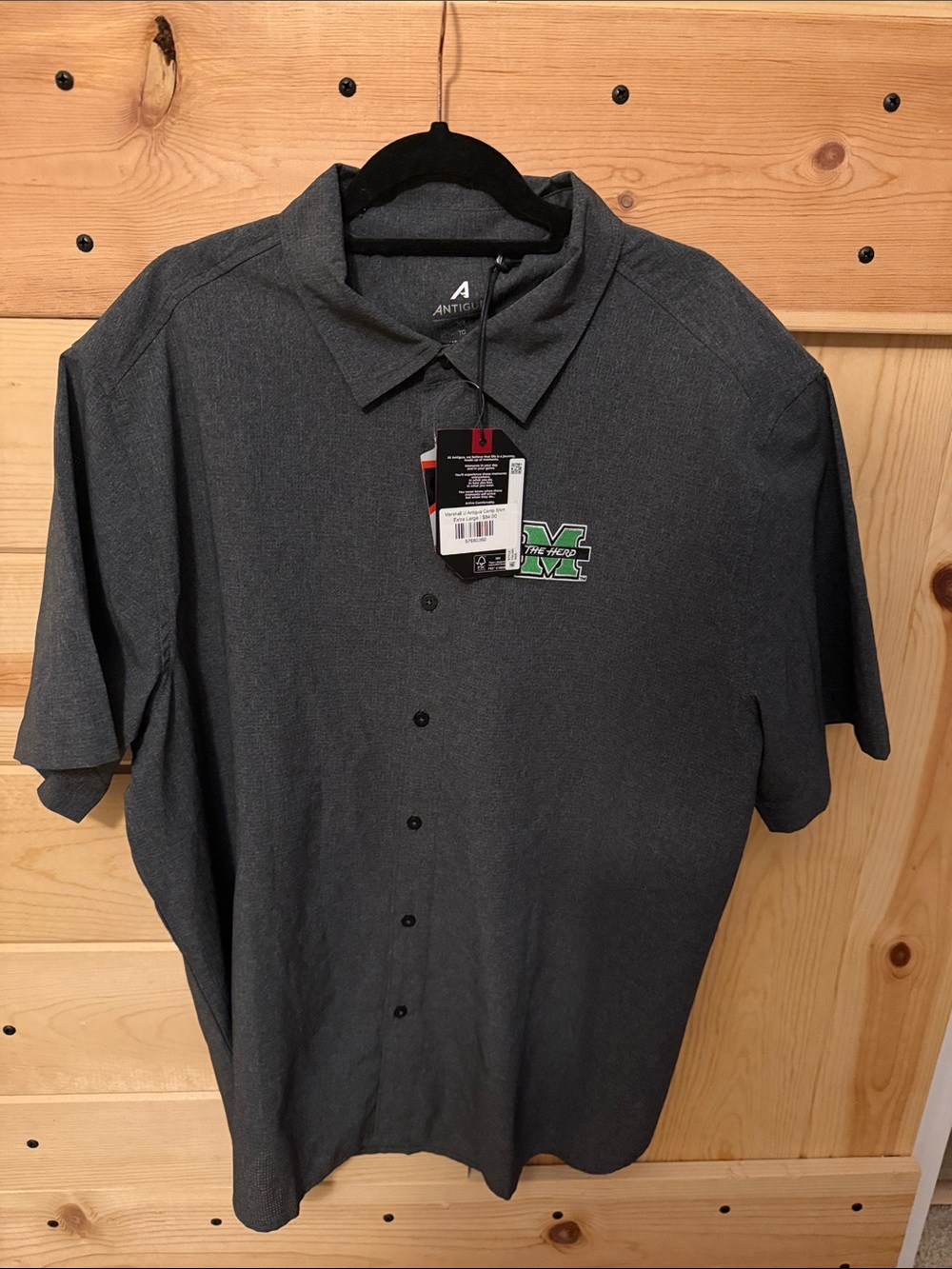 Antigua Men's Dark Gray Short-Sleeve Button Shirt with Green Marshall 'M' Logo